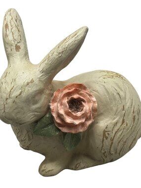 Vintage Style Rabbit Figurine Rose Accent Distressed Cream Finish Easter decor